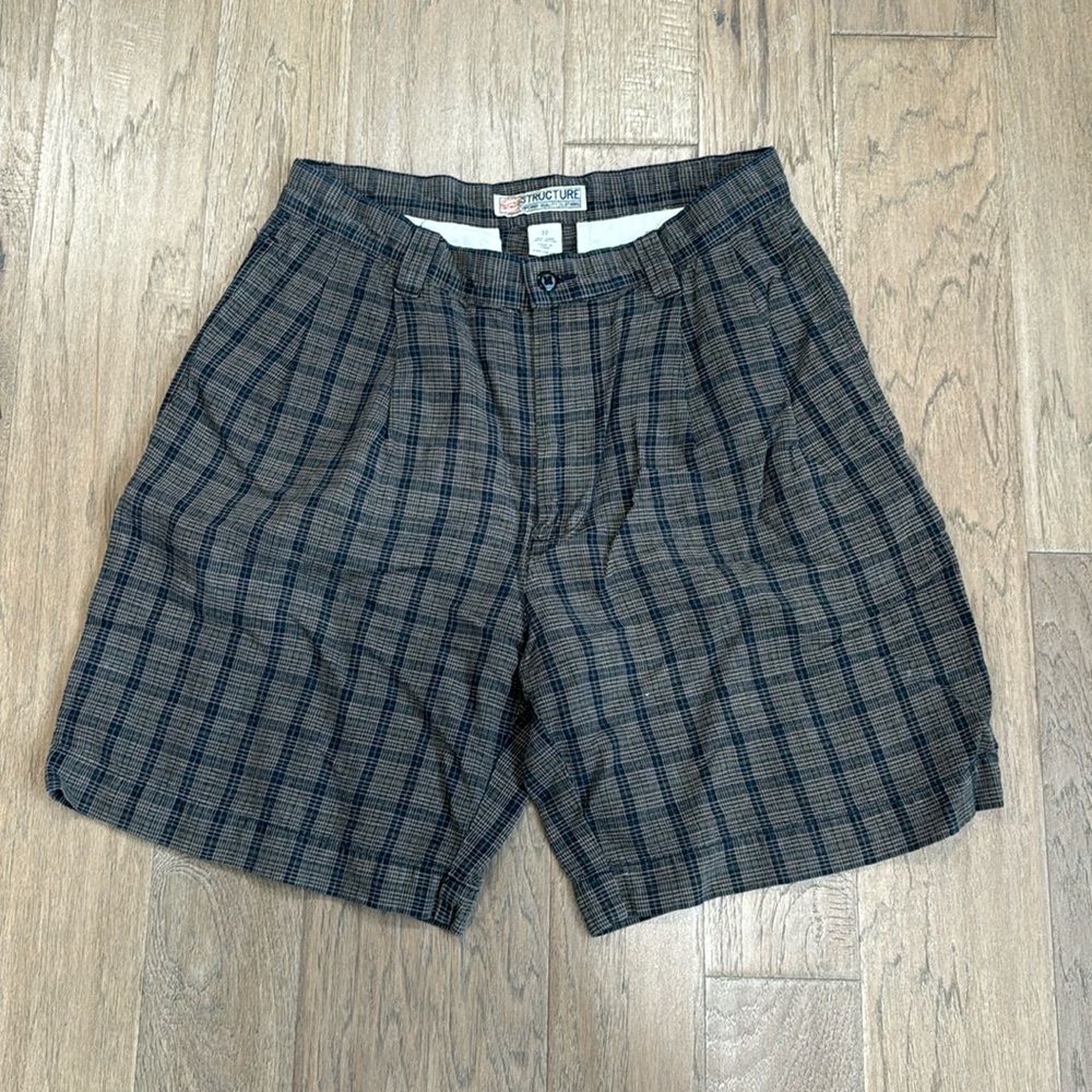 Vintage Structure Clothing Shorts Mens Size 32 Brown Check Pleated Front